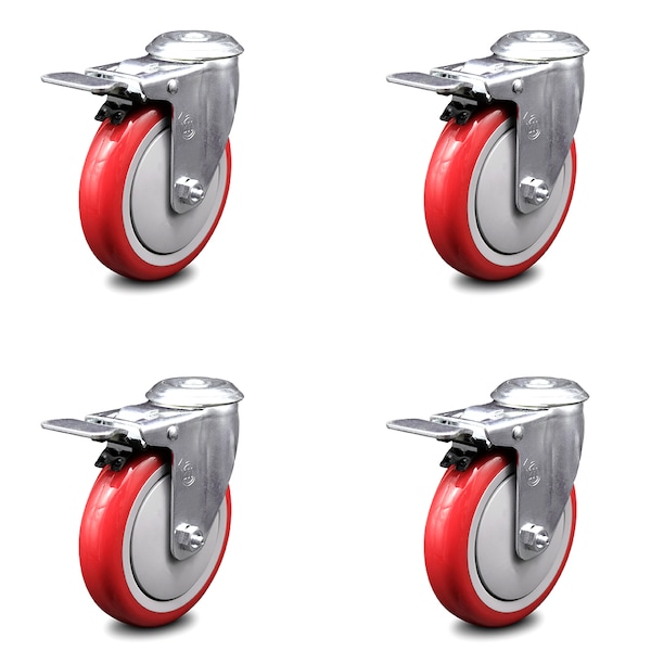 5 Inch Red Polyurethane Swivel Bolt Hole Caster Set with Total Lock Brake SCC